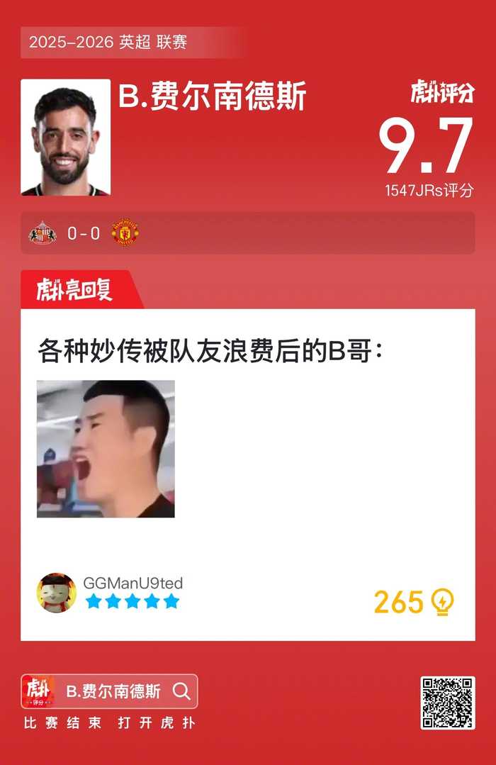  桑德兰0比0曼联，B费虎扑评分9.7